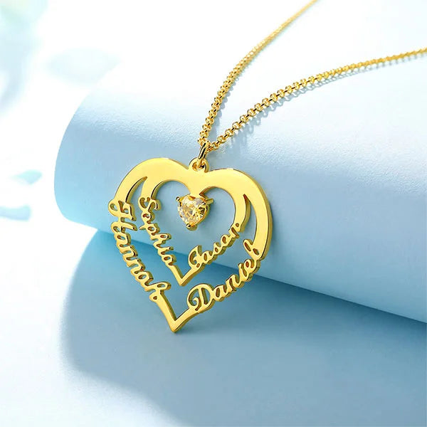 Personalized Heart Necklace with 4 Names with Main Birthstones - Glamour