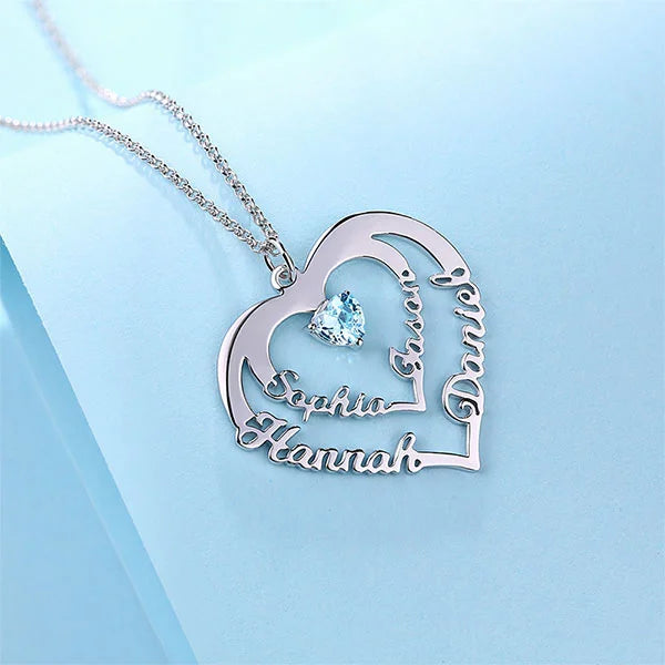 Personalized Heart Necklace with 4 Names with Main Birthstones - Glamour