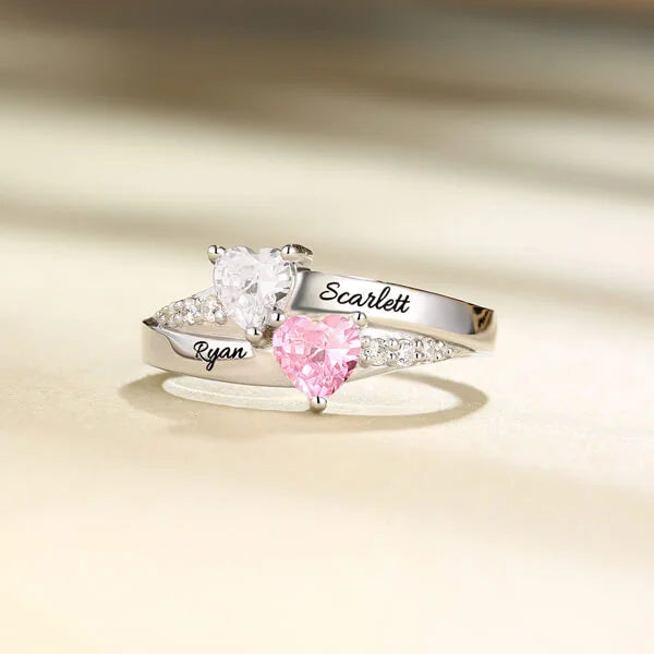 Personalized 2-5 Hearts Birthstone Ring With Engraving Silver