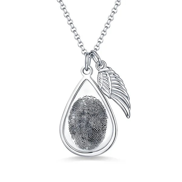 Personalized Teardrop Fingerprint Necklace With Angel Wing - Glamour
