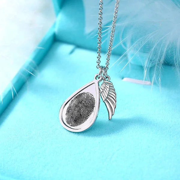 Personalized Teardrop Fingerprint Necklace With Angel Wing - Glamour