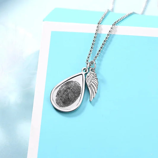 Personalized Teardrop Fingerprint Necklace With Angel Wing - Glamour