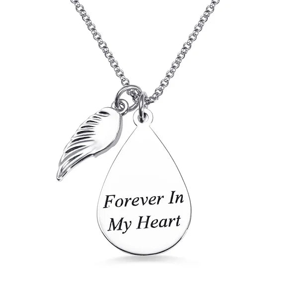 Personalized Teardrop Fingerprint Necklace With Angel Wing - Glamour